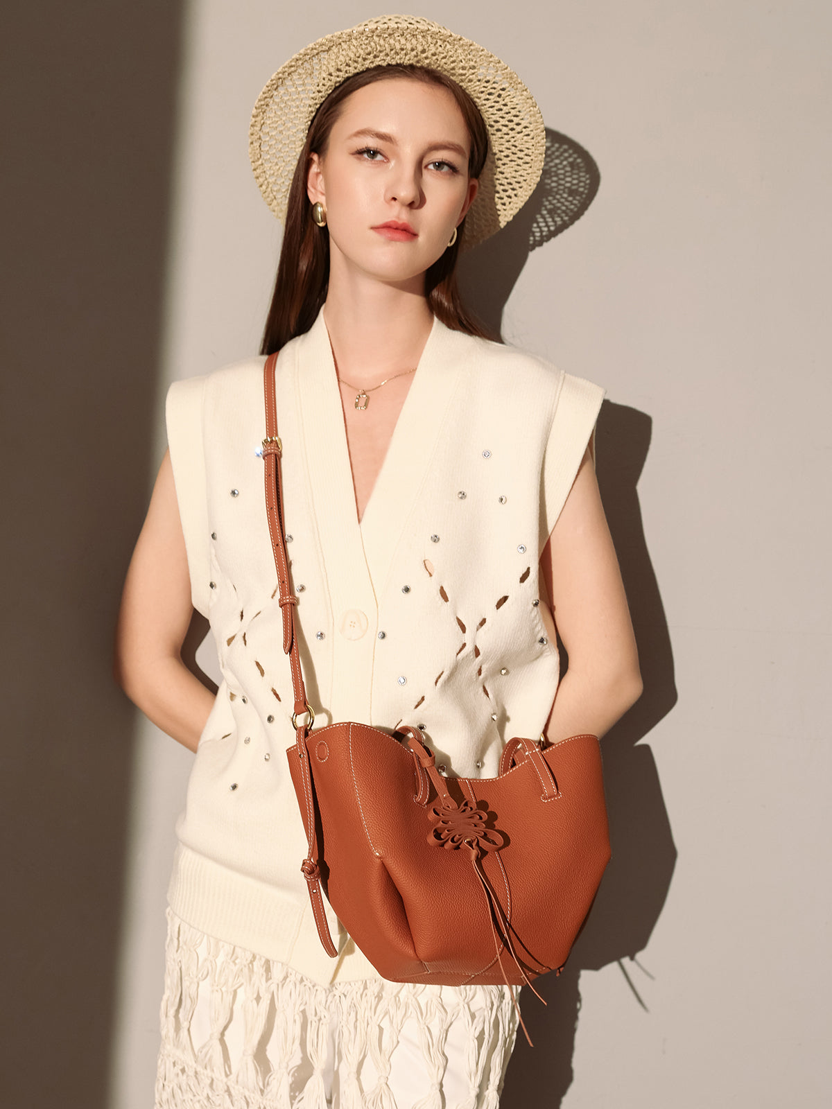 Valencia Knot Leather Tote Bag - Brown
