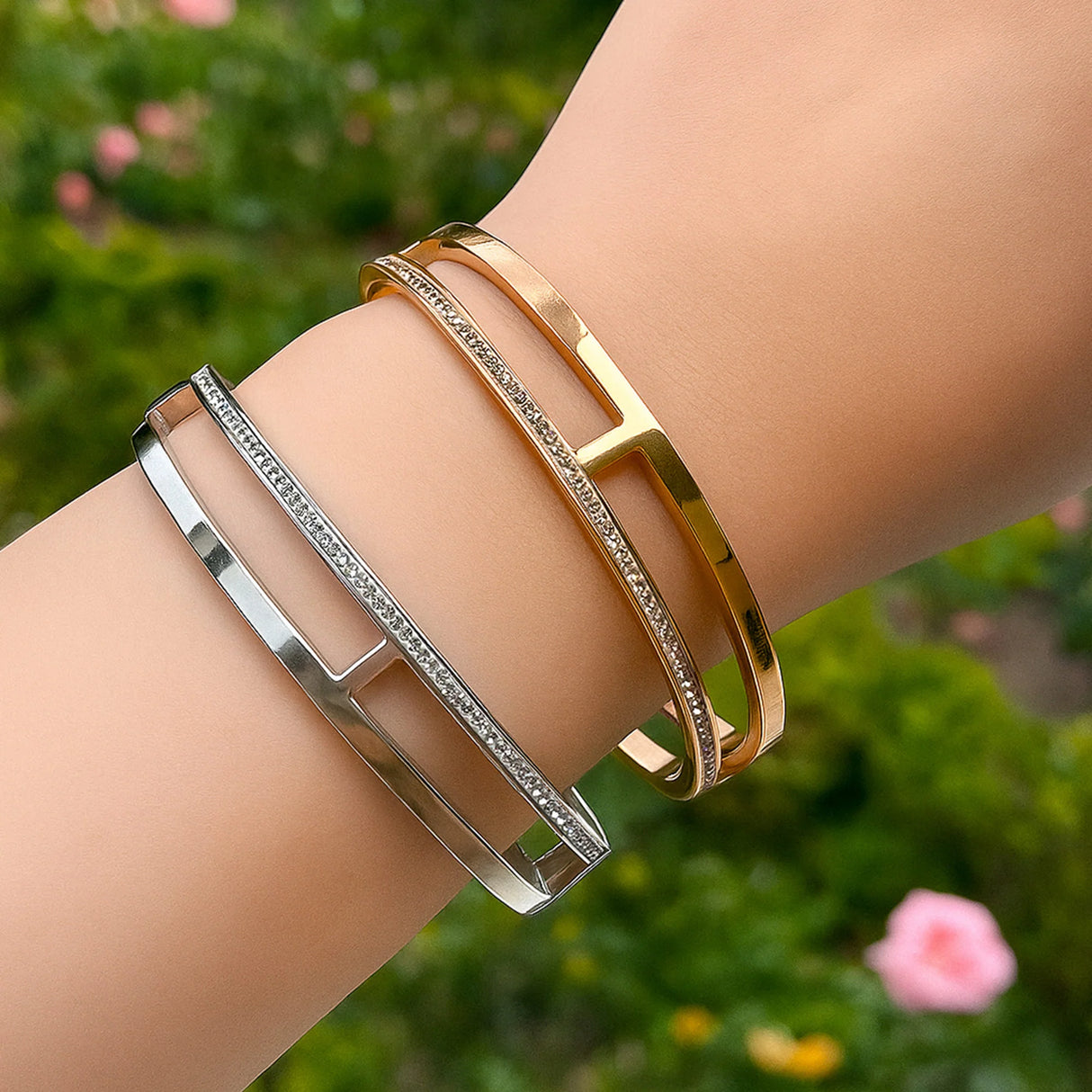 Bullion Gold Lucky Dimension Cuff Stainless Steel Bangle with a High Polish Finish