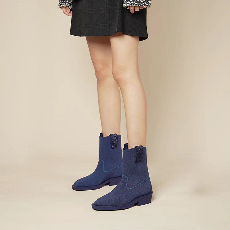 Knit Block Heel Ankle Boots - Navy