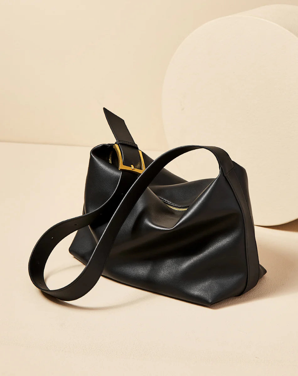 Nalandu Soft Leather Slouch Shoulder Hobo Bag - Black