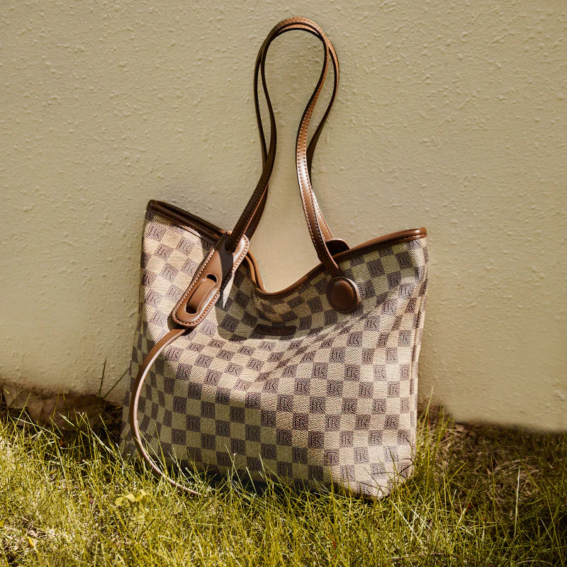Nalandu Vintage Checkered Commuter Tote Bag - Khaki