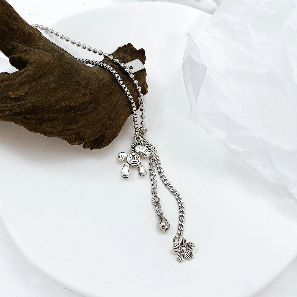 Bullion Gold Petite Pony and Flower Long Chain Necklace in White Gold