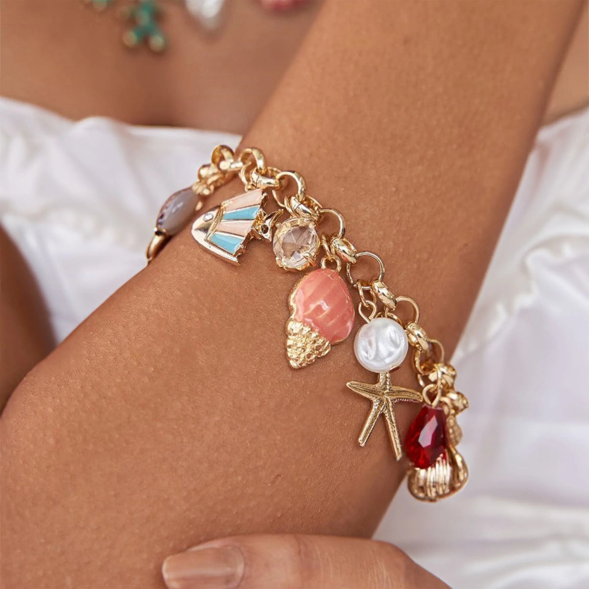 Bullion Gold Beaded Summer Sea Charm Gold Bracelet