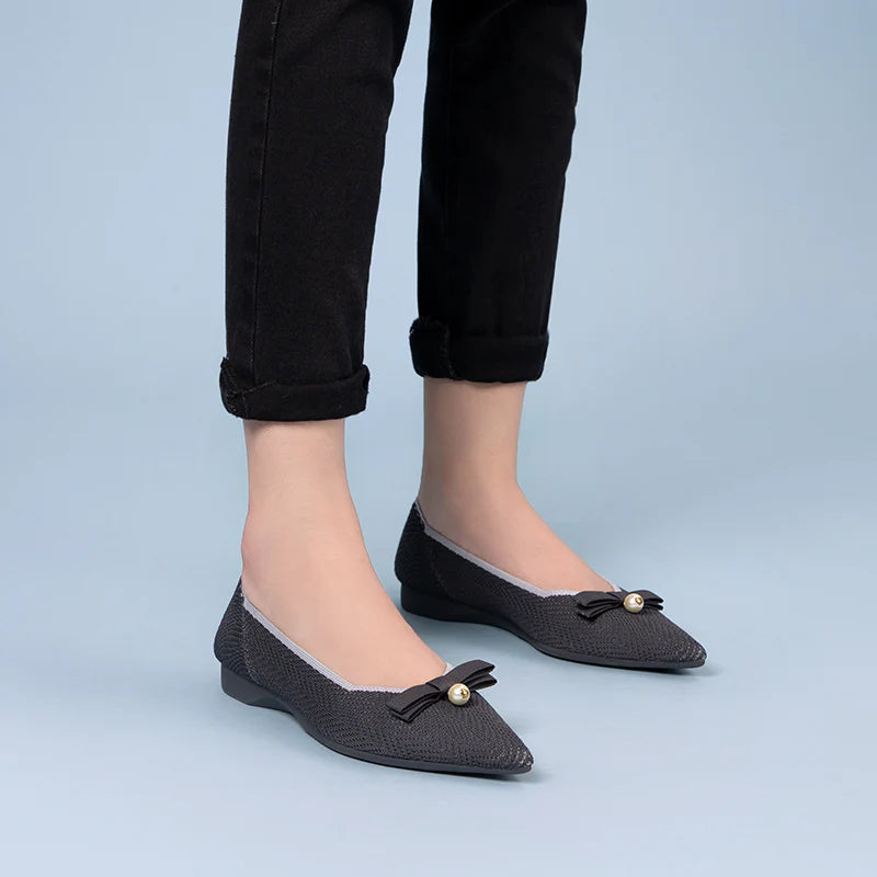 Sarah Casual Pearl Bow Commuter Flats - Charcoal