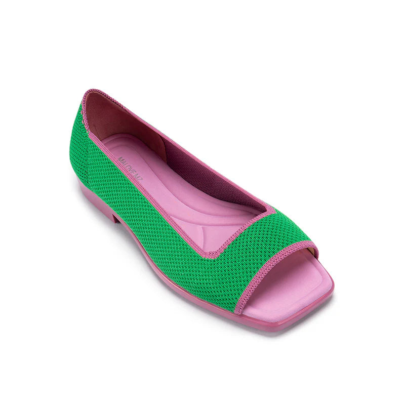 Colorblock Peep Toe Knit Flats - Green