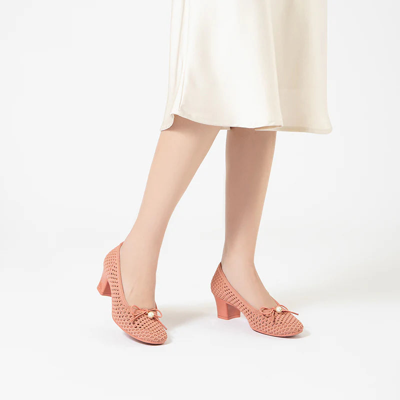 Pearl Bow Mesh Knit Round Toe Pumps - Orange