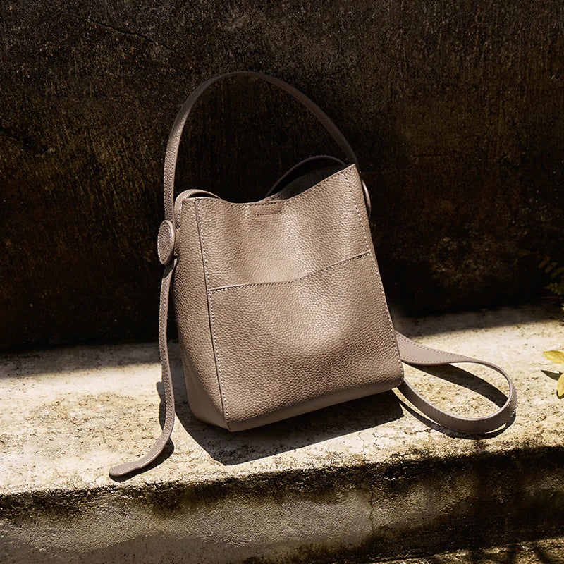 Nalandu Pebbled Leather Bucket Bag - Taupe