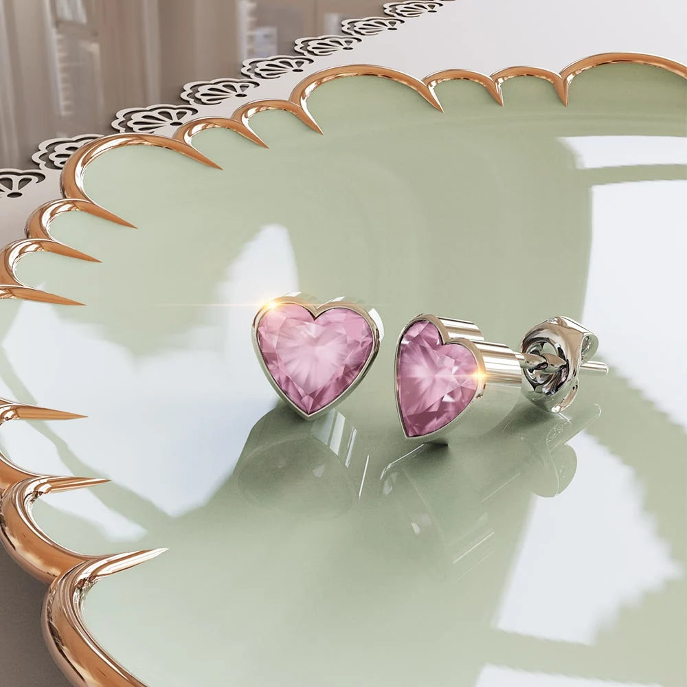 Solid 925 Sterling Silver Heart Bezel Studs Pink