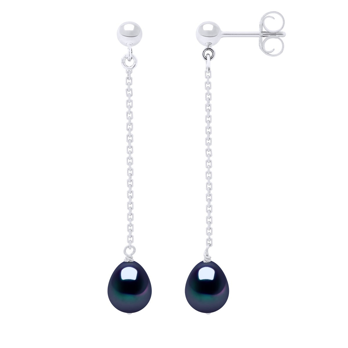 Earrings Real Cultured Freshwater Pearls Pear 7-8 mm - Black "Tahitian Style" - Longueur 18 cm
