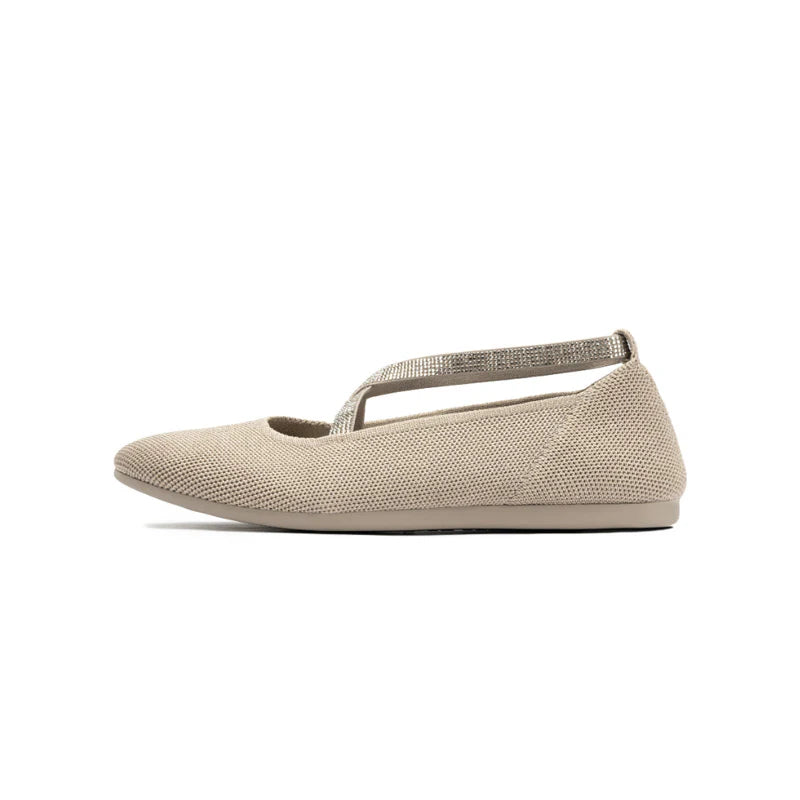 Rhinestone Cross Strap Knit Ballet Flats - Sand