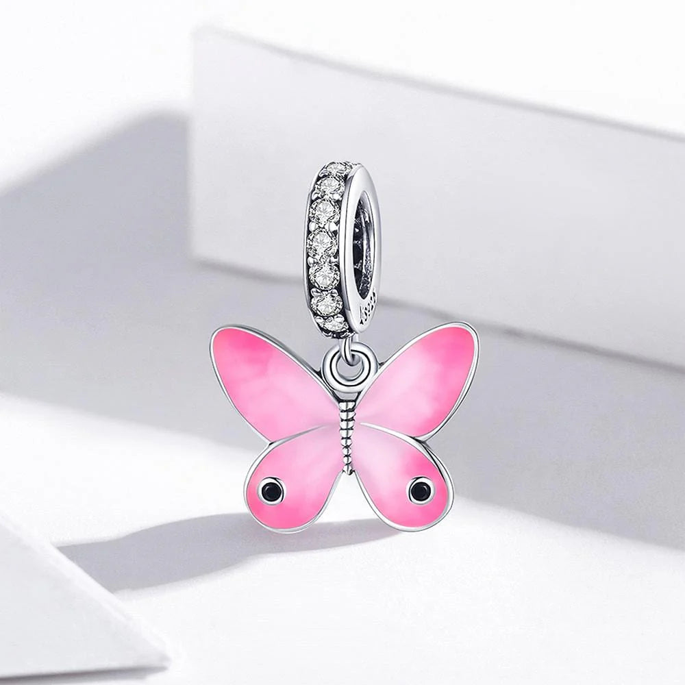 Solid 925 Sterling Silver Pink Sweet Butterfly Pandora Inspired Charm