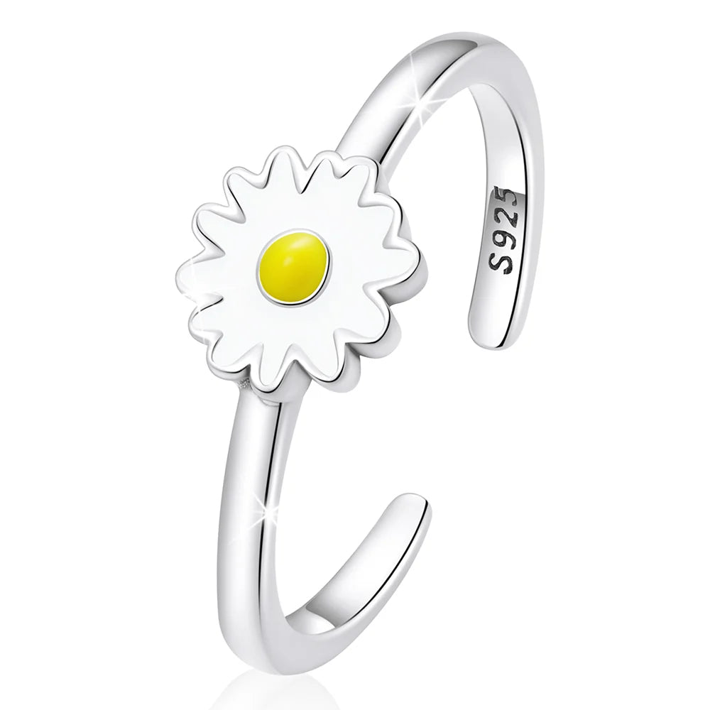 Adjustable Solid 925 Sterling Silver Sunny-Side Up Daisy Ring