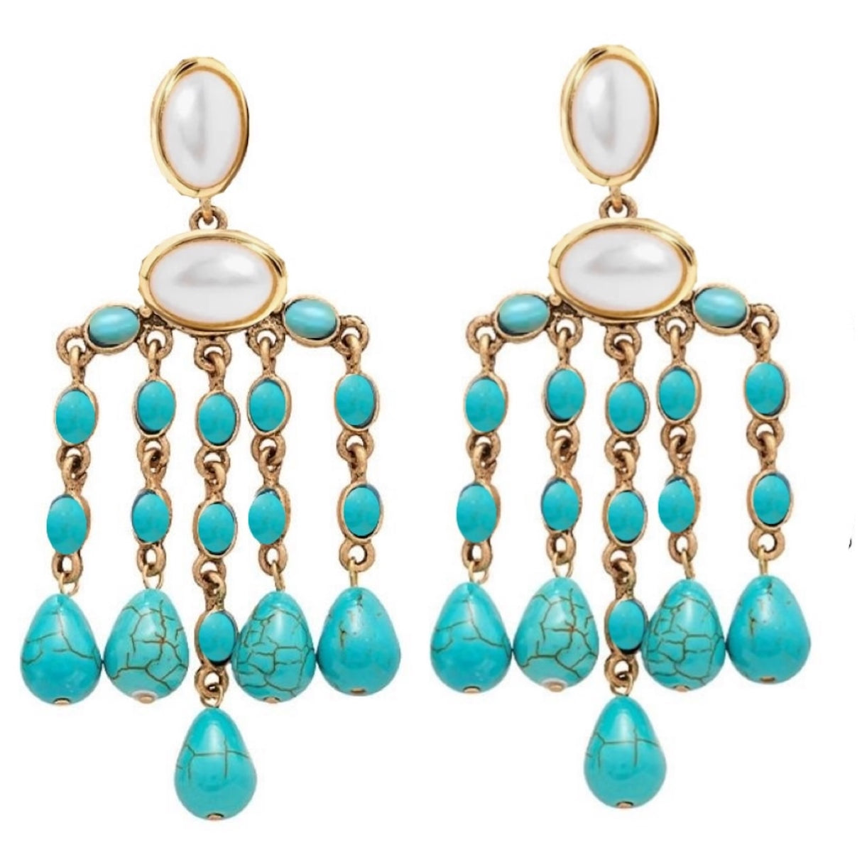 Liv Oliver 18K Gold Turquoise & Pearl Statement Pear Drop Earrings