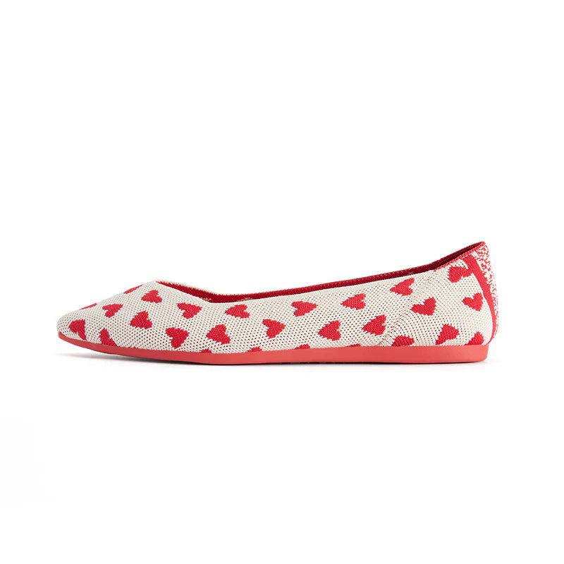Heart Print Pointed Toe Comfortable Flats - Red
