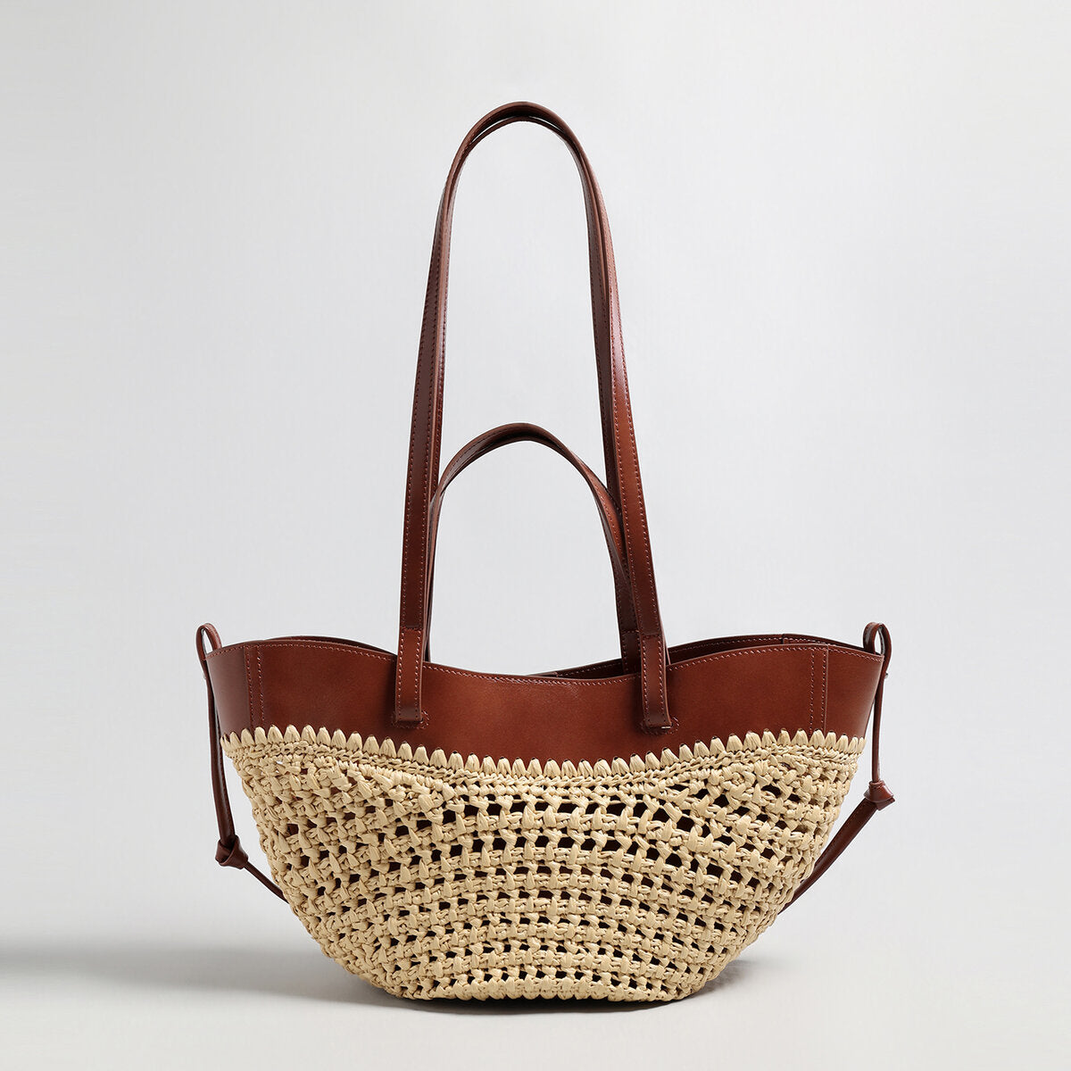Handwoven Straw Leather Tote Bag - Brown