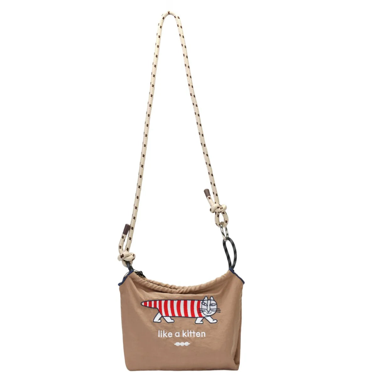 BAMEI Recycled Nylon Mini Crossbody Bag with Cat Print & Braided Rope Strap - Mocha