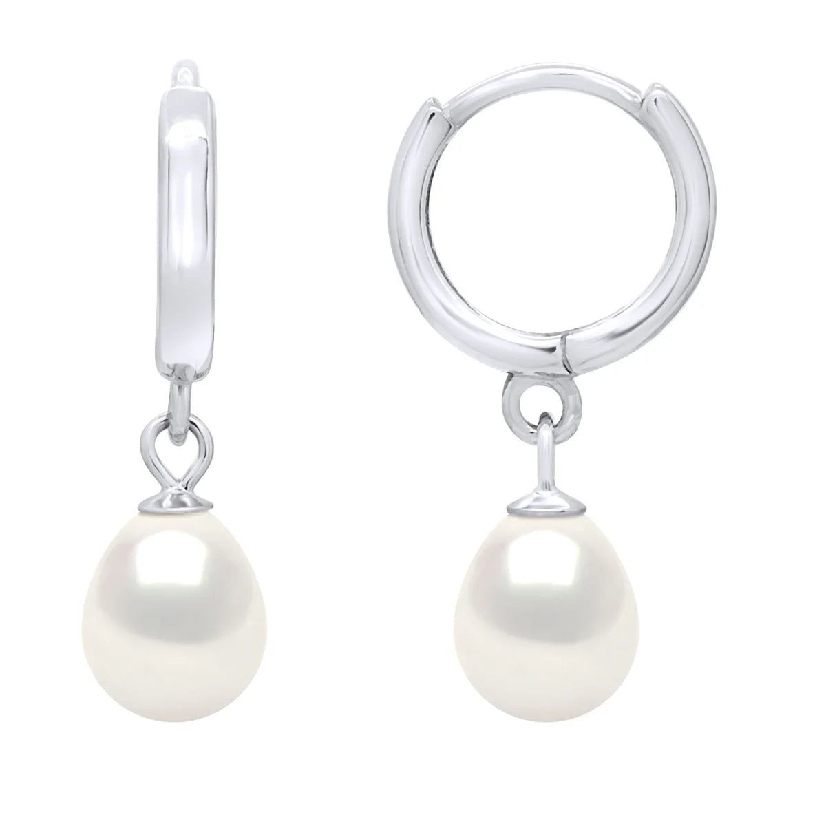 Hoop Drop Earrings Freshwater Pearl White Sterling Silver 7-8mm
