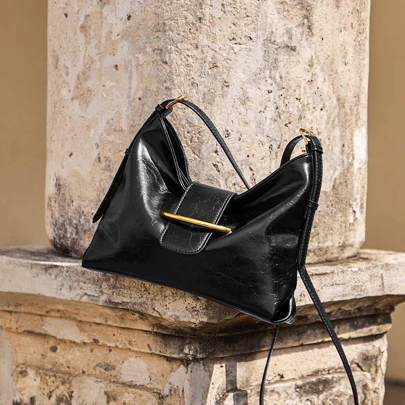 Nalandu Luxe Glossy Hobo Shoulder Bag - Black