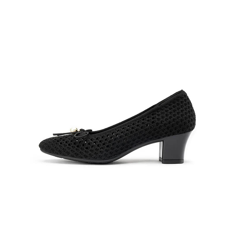 Pearl Bow Mesh Knit Round Toe Pumps - Black