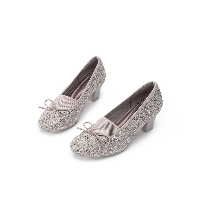 Rhinestone Bow Knit Round Toe Block Heel Pumps - Taupe