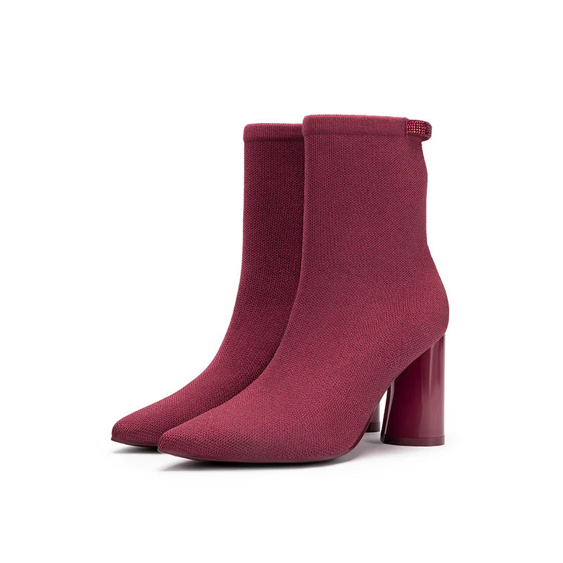 Pointed Toe Block Heel Knit Ankle Boots - Wine