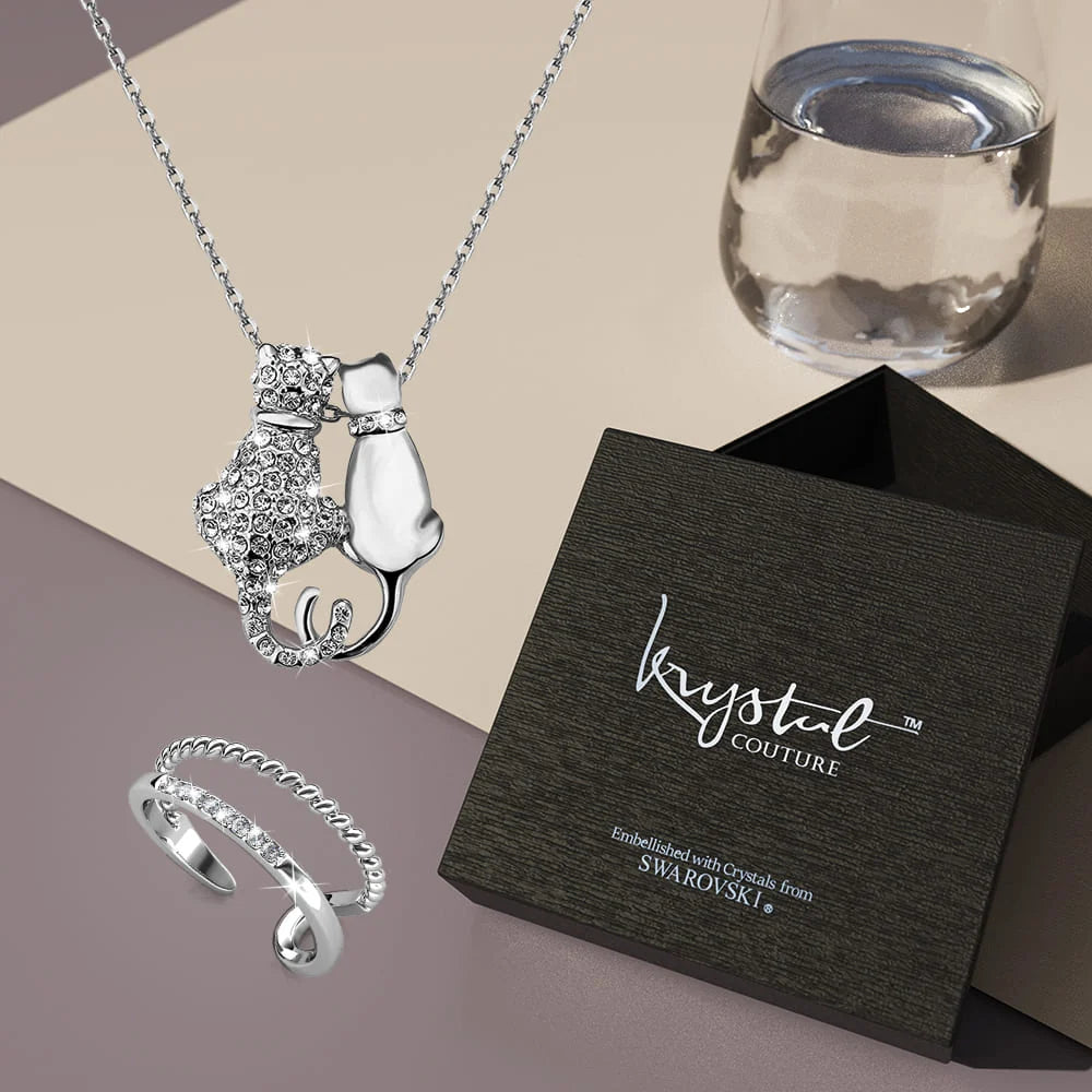Boxed Feline On! Necklace and Ring Set Embellished with SWAROVSKI® Crystals In White Gold