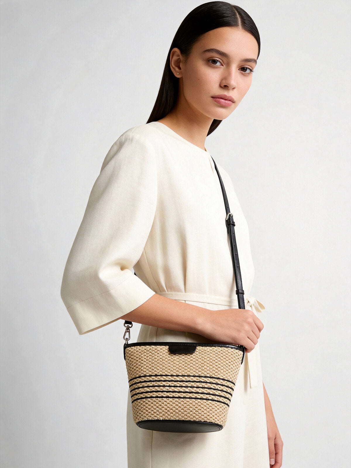 Striped Woven Straw Crossbody Bag - Natural