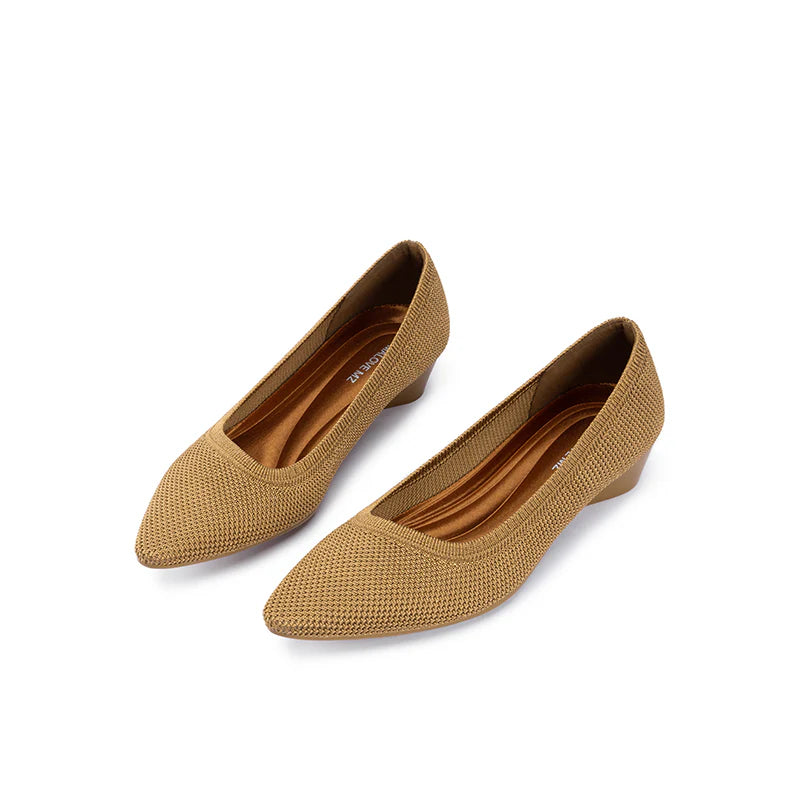 Diagonal Cut Knit Pointed Toe Wedge Flats - Tan