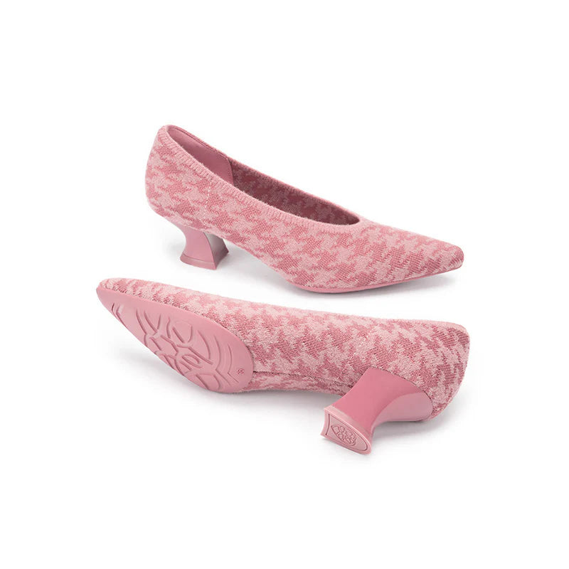 Houndstooth Block Heel Pumps - Pink