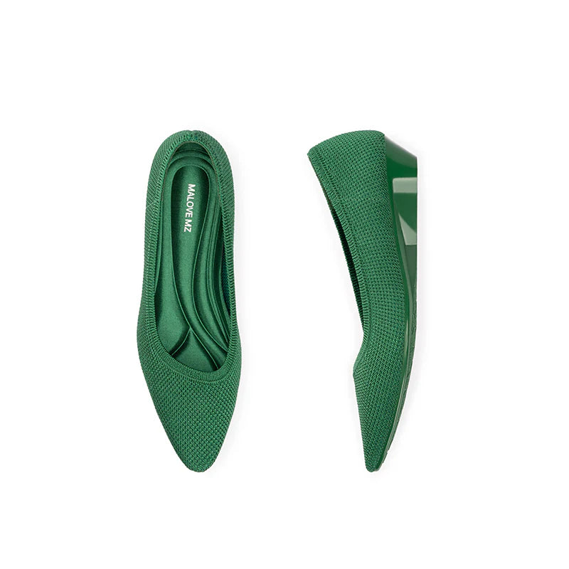 Diagonal Cut Knit Pointed Toe Wedge Flats - Green