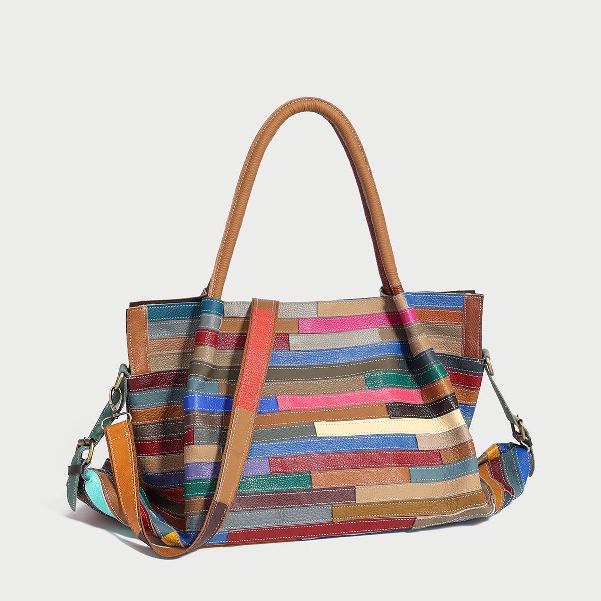 Multicolor Brick Patchwork Large Leather Tote Bag - Rainbow