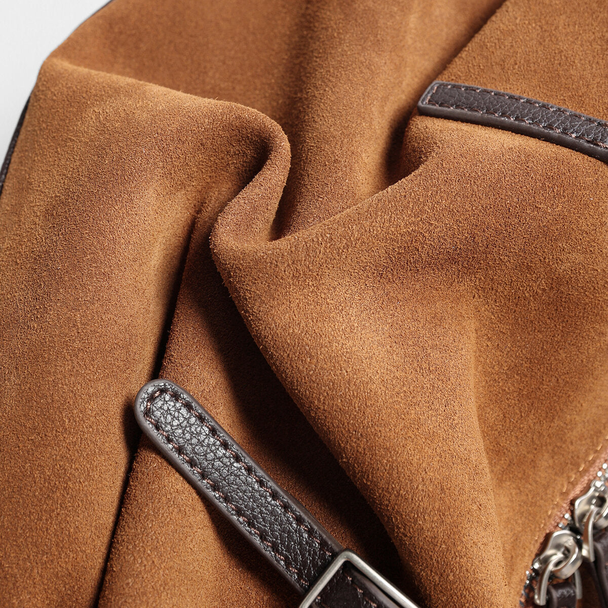 Suede Leather East-West Bowling Bag - Brown