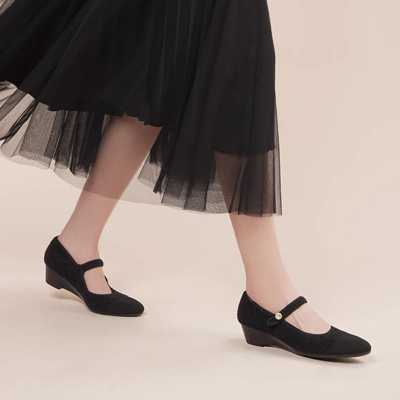 Vintage Tweed Low Heel Mary Jane Shoes - Black