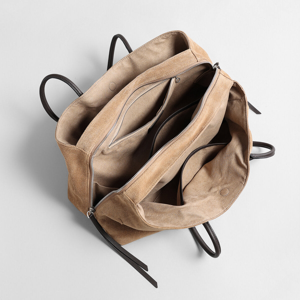 Suede Leather Triple-Compartment Tote Bag - Camel