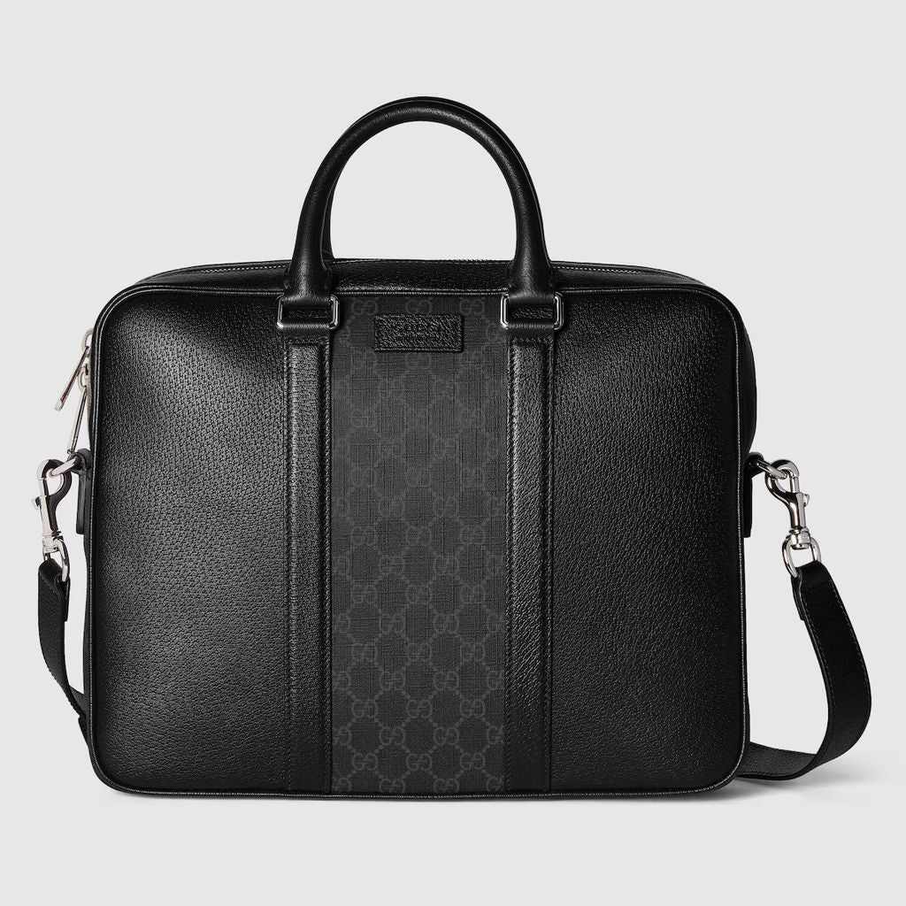 Gucci Leather And GG Monogram Briefcase - Black