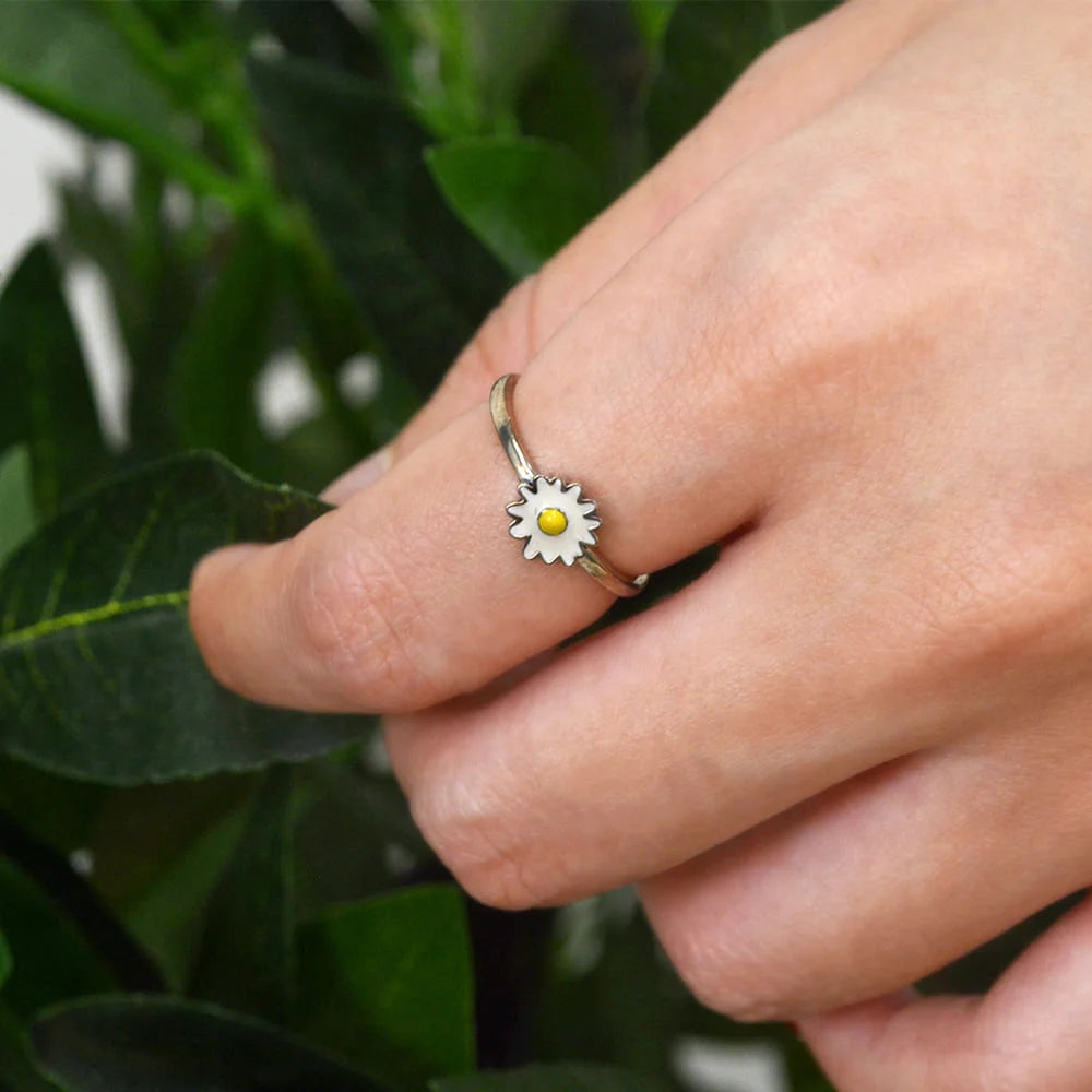 Adjustable Solid 925 Sterling Silver Sunny-Side Up Daisy Ring