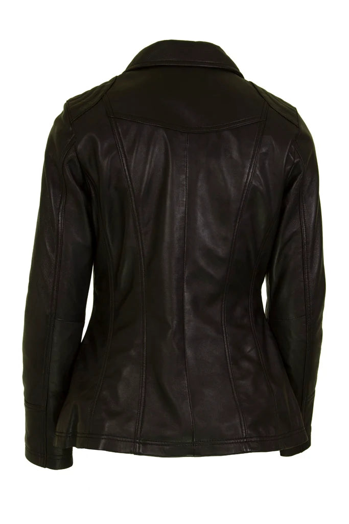 Womens Leather Jacket with Shirt Collar in Black