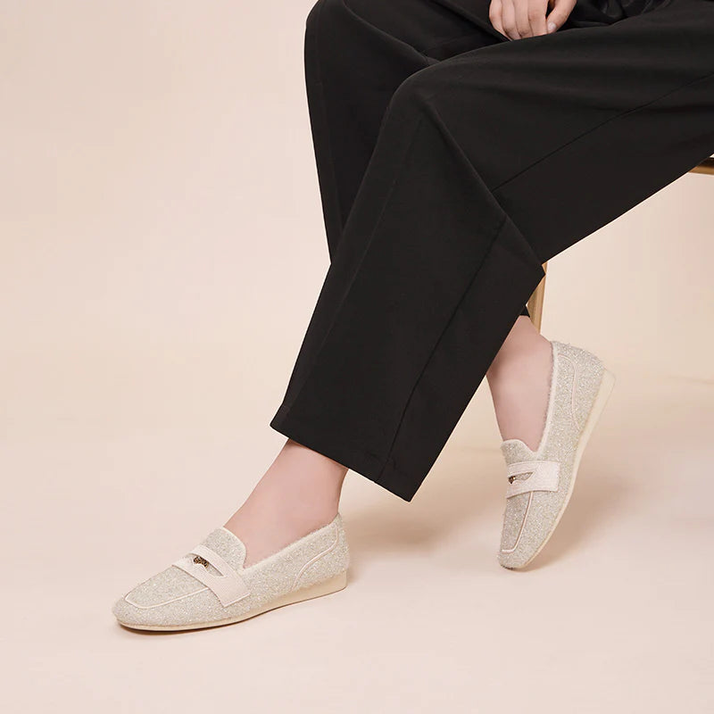 Versatile Soft Sole Slip On Tweed Loafers - Ivory