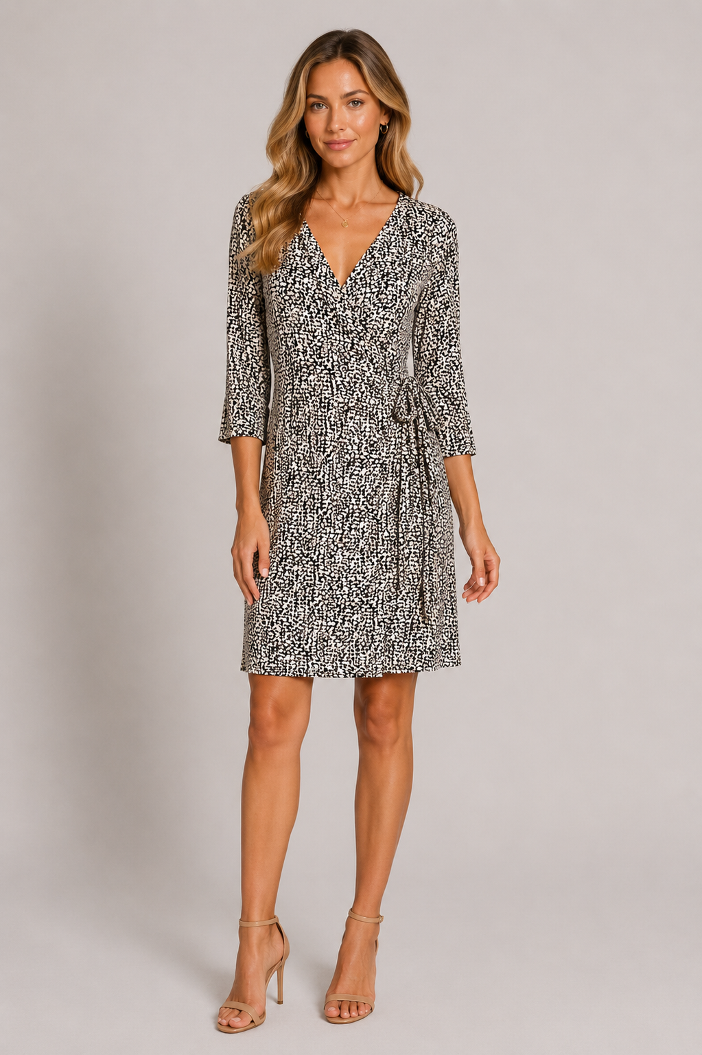 Worship Women's 3/4 Sleeve Wrap Dress - Black/White Print
