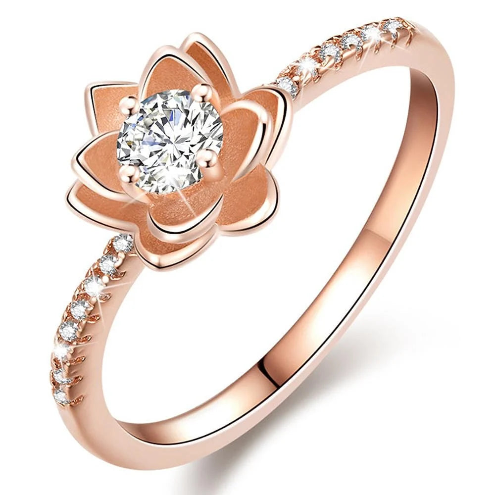 Bullion Gold Modern Lotus Flower and Simulated Diamonds Accent Rose Gold Layered Band Ring