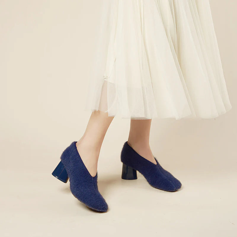 Fuzzy Round Toe Block Heel Pumps - Navy
