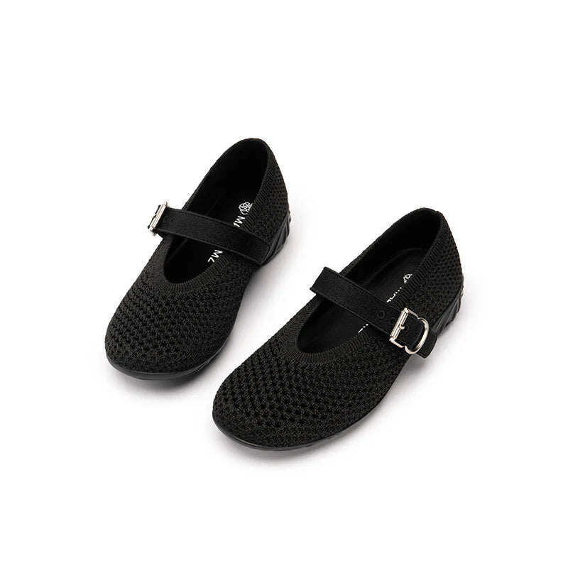 Heart Cutout Breathable Mesh Mary Jane Wedges - Black