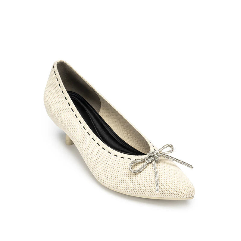 Rhinestone Bow Kitten Heels - Ivory