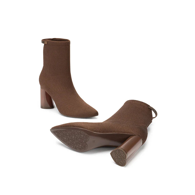 Pointed Toe Block Heel Knit Ankle Boots - Coffee