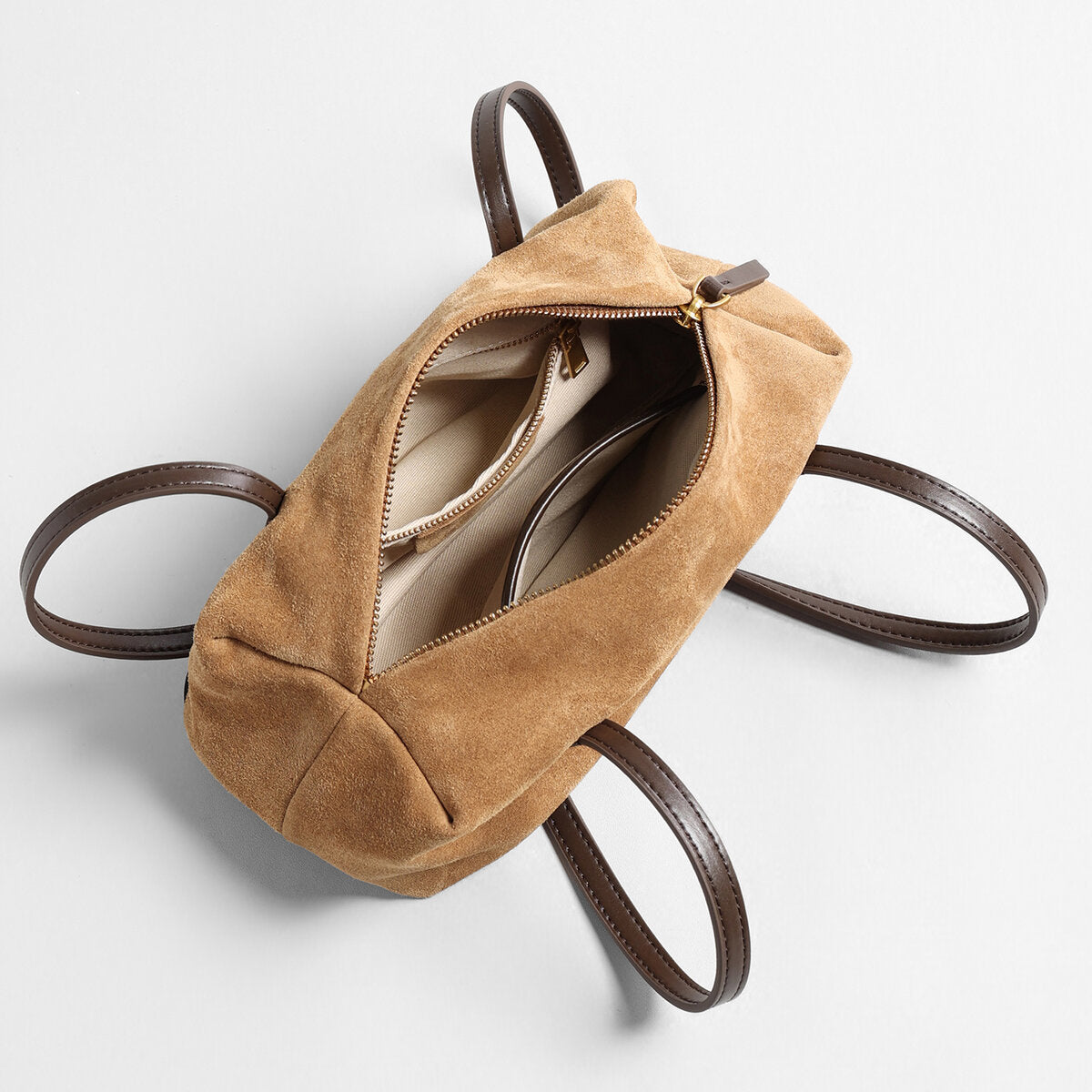 Suede Leather Structured Bowling Bag - Camel