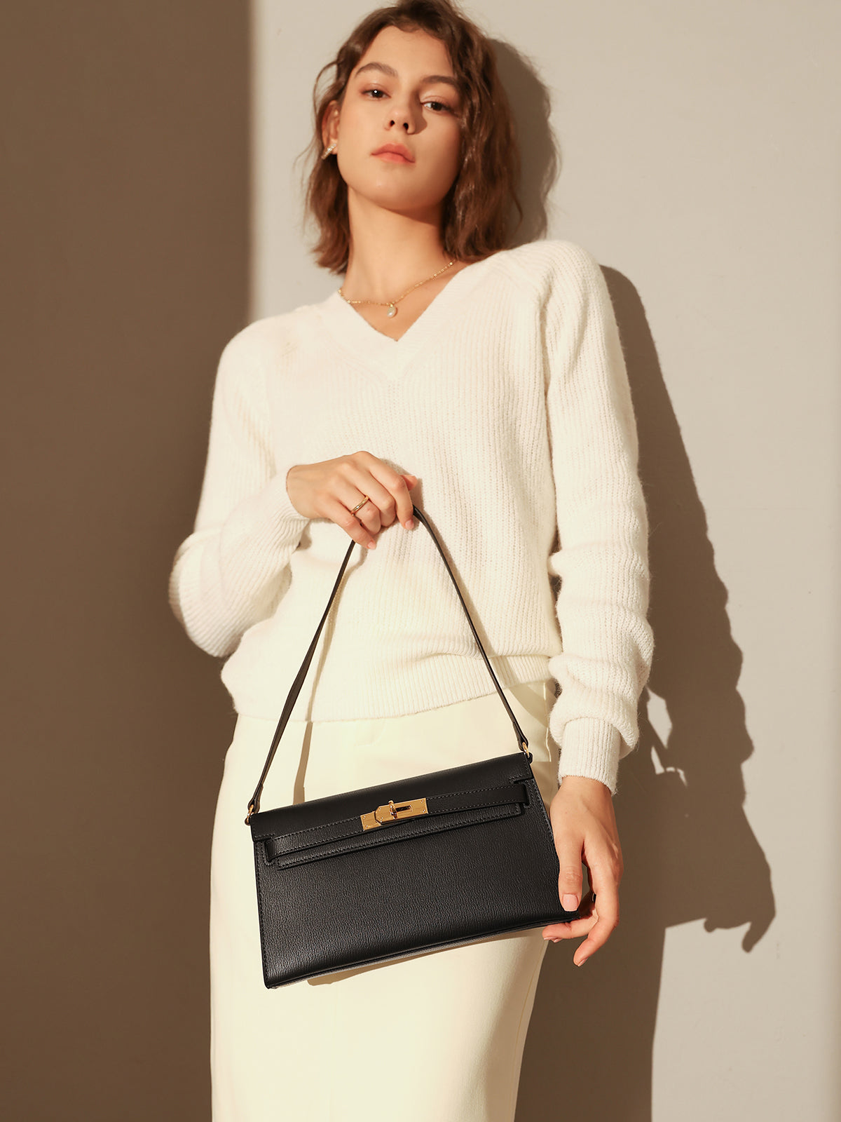 Camille Palm-Grain Calfskin Shoulder Bag - Black
