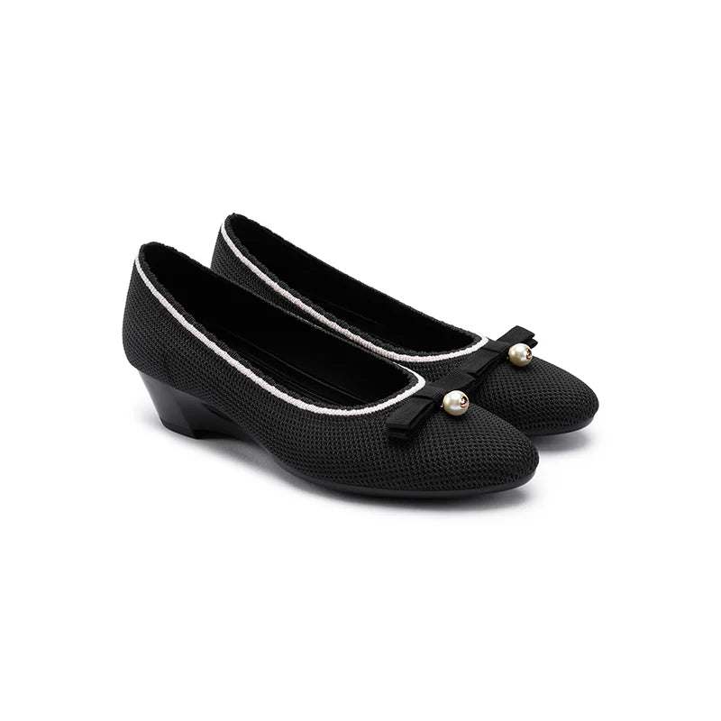 Shallow Wedge Pearl Bow Work Shoes - Black