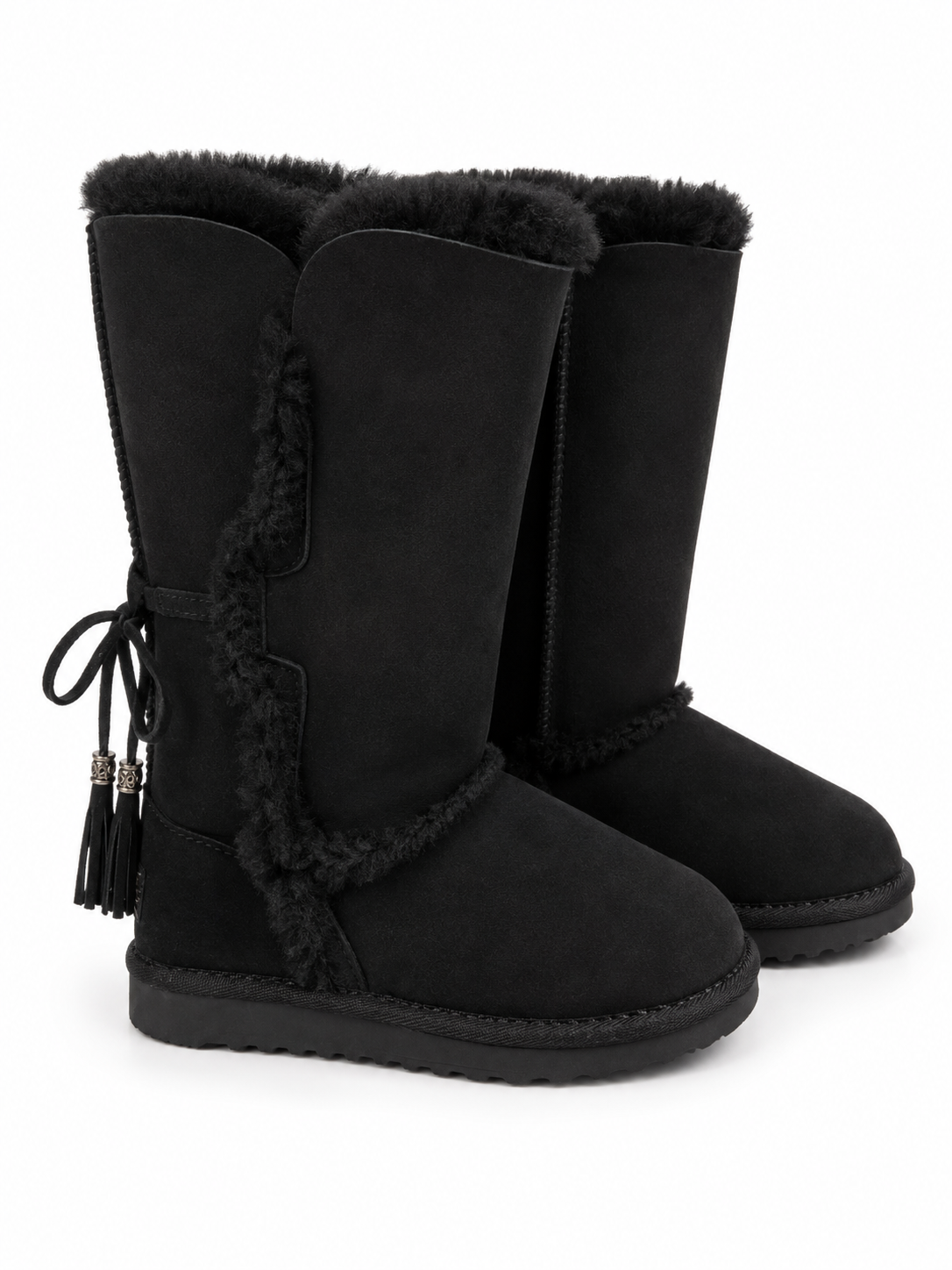 Australian Leather Ugg Tall Fur Tassel Tie Up Uggs - Black - AU5