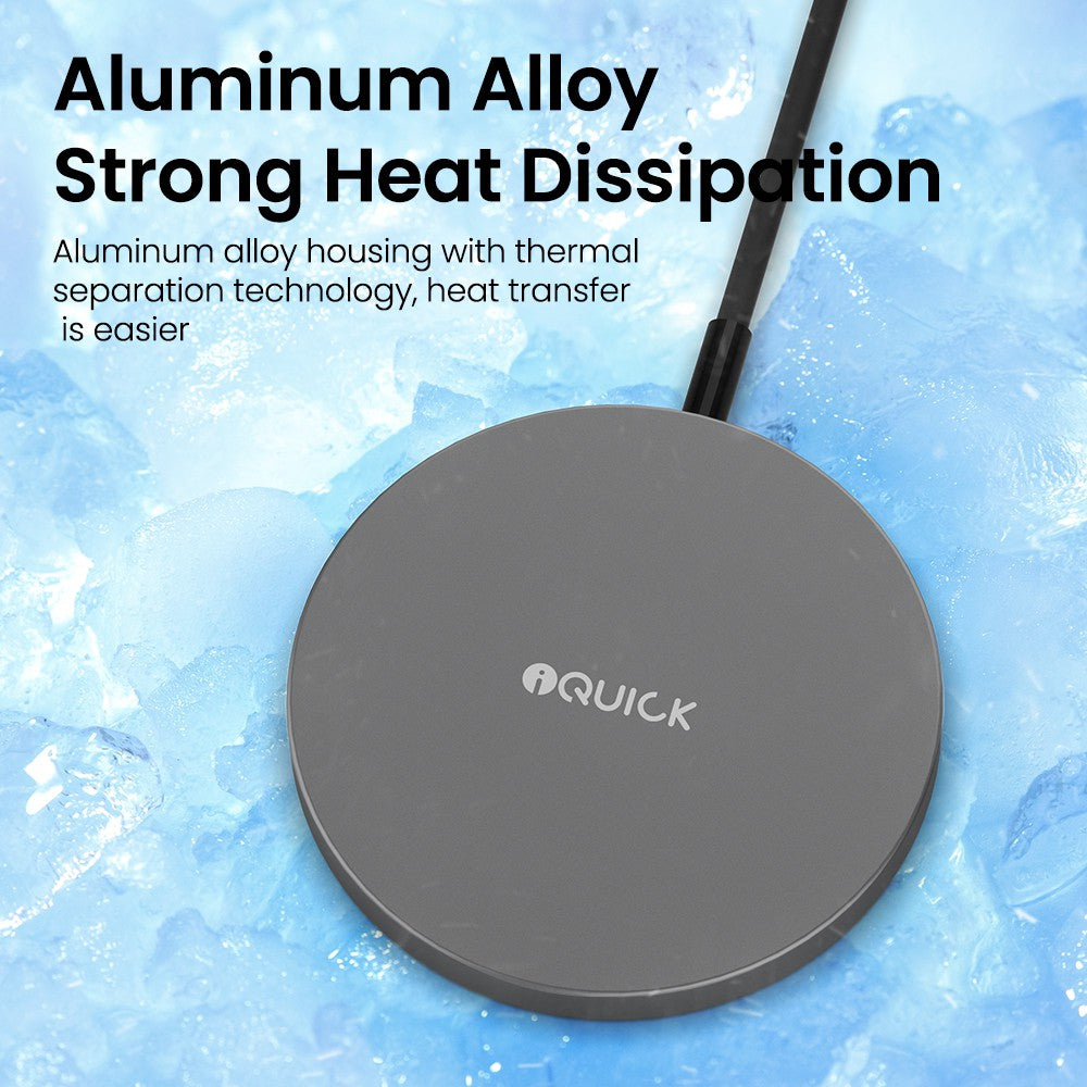 iQuick 15W Fast Charging Magnetic Wireless Aluminum Alloy Phone Charger Pad Charge - Black