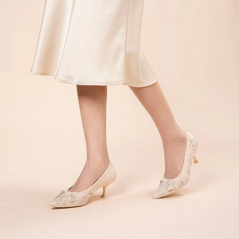 Floral Butterfly Pointed Toe Kitten Heels - Ivory